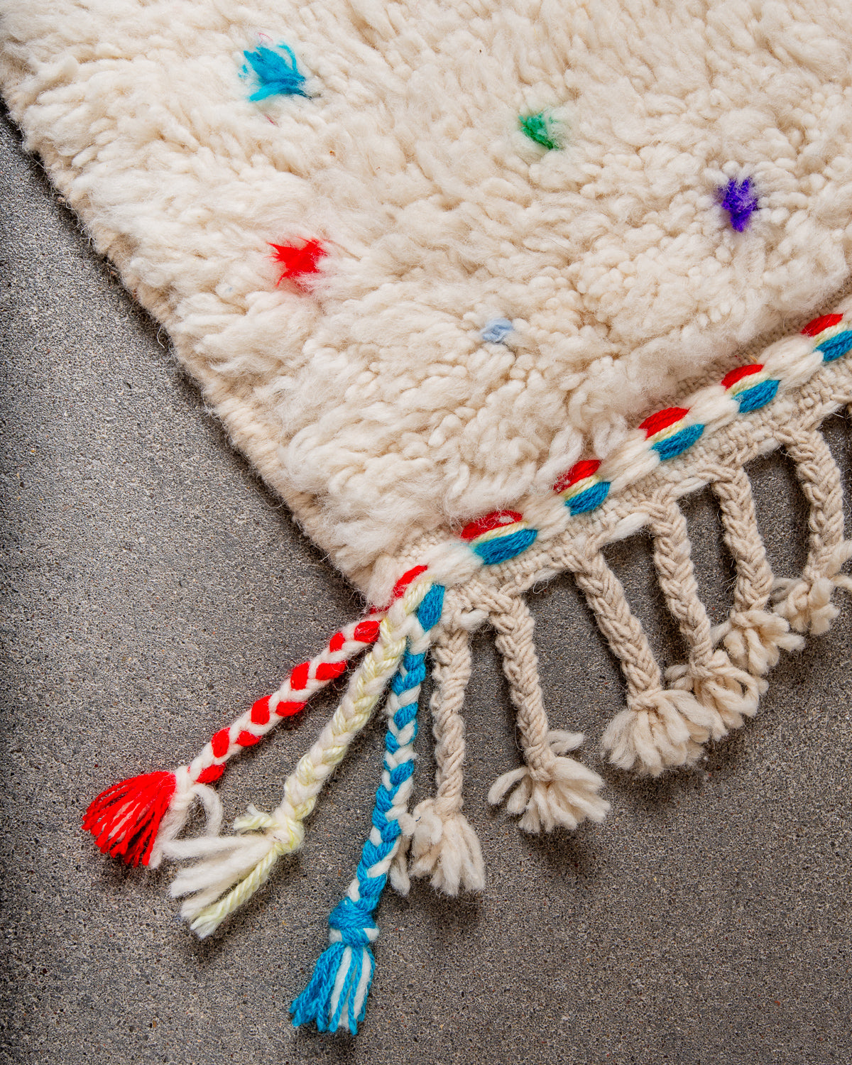 Modern, designer, handcrafted Berber rug from Morocco. Beniourain carpet with beautiful colours and patterns and fluffy wool texture.